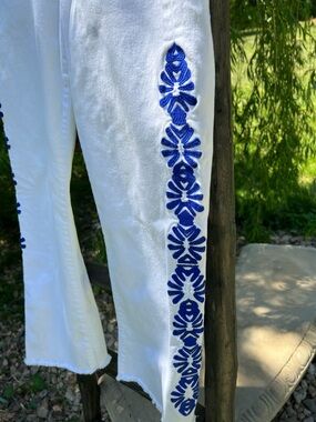 Lilly Pulitzer White South Ocean fringe flared cropped jeans with Gold Button
